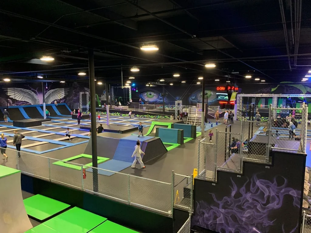 An indoor obstacle and trampoline course at DEFY Seattle in Tukwila.