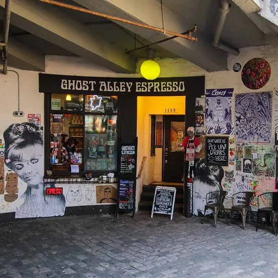 The entrance to Ghost Alley Espresso at Pike Place Market in Seattle.