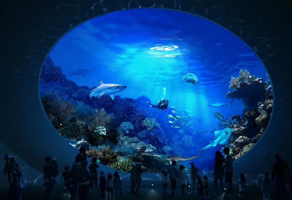 Visitors viewing marine life through a large window at Seattle Aquarium.