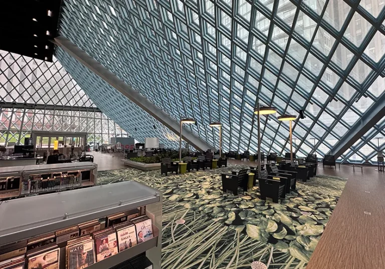 Angular glass architecture inside Seattle Central Library.
