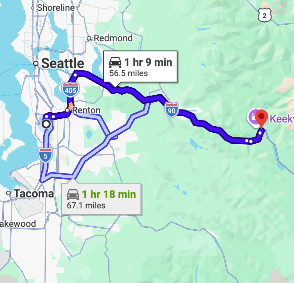 A screenshot of the map from Seatac International Airport to Franklin Falls in Snoqualmie.