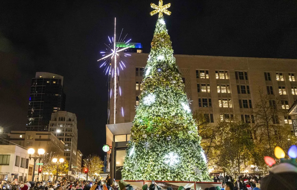 The 45-foot tree and Holiday Star lit above Westlake Center.