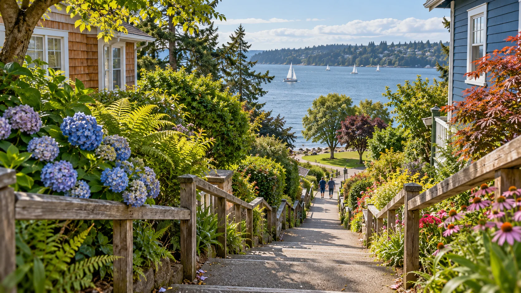Seattle discoveries — AI illustration AI illustration of a leafy Seattle neighborhood stairway leading toward the water.