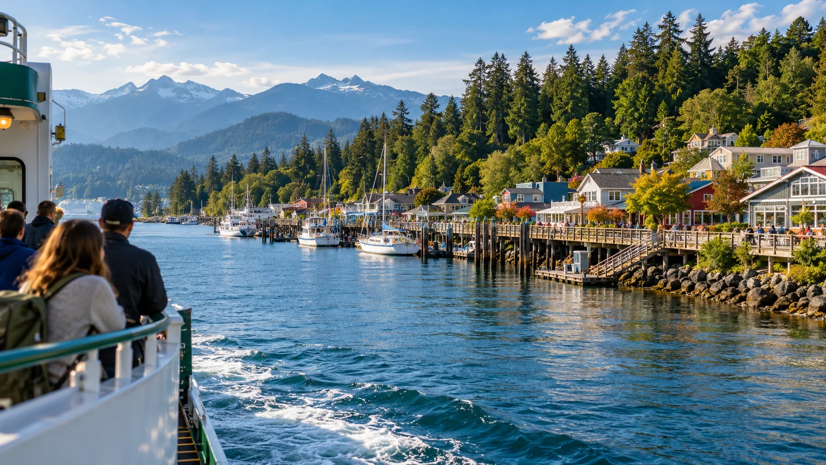Pacific Northwest outings — AI illustration AI illustration of a ferry journey past a Pacific Northwest waterfront town.