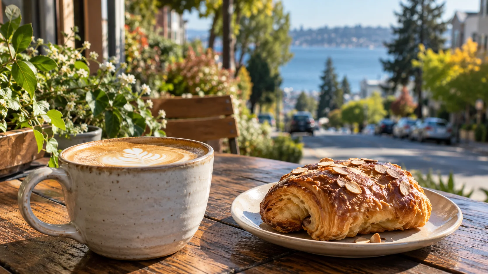 Sips and Bites — AI illustration AI illustration of a latte and pastry at a Seattle-inspired neighborhood cafe.