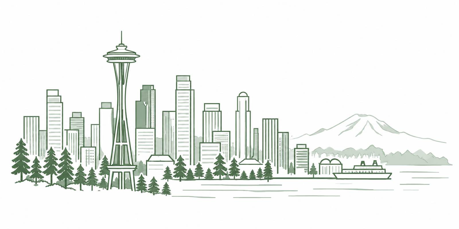 AI-generated decorative Seattle skyline Illustration of the Seattle skyline, evergreen trees and Mount Rainier