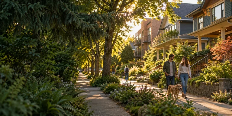 AI illustration of a tree-lined Seattle-style residential neighborhood at golden hour